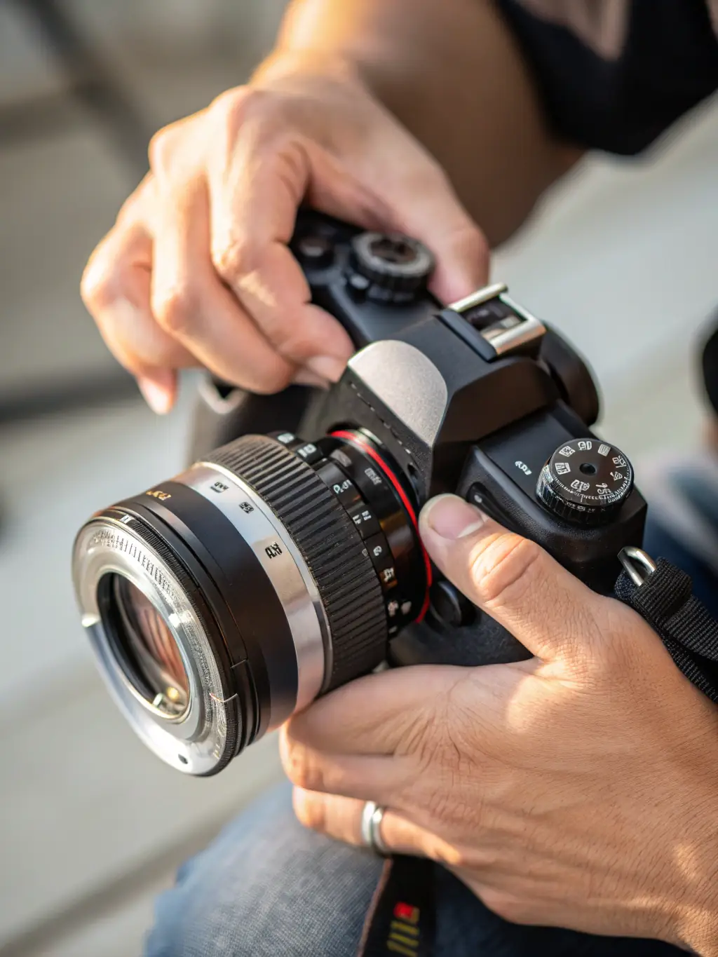 A close-up shot of a photographer meticulously adjusting camera settings before a shoot, emphasizing attention to detail.